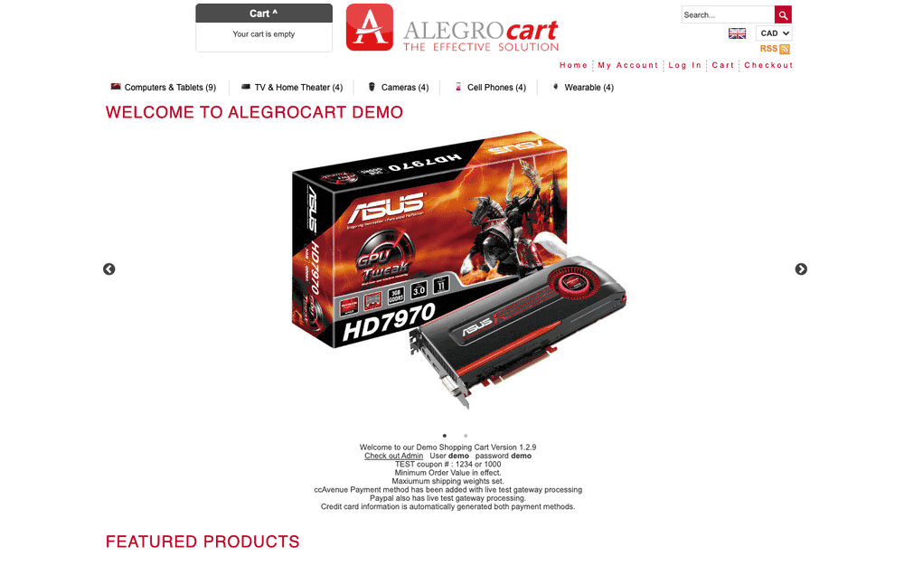 Captura de AlegroCart, tomada de su demo pública oficial