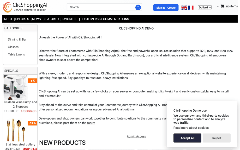 Captura de ClicShopping AI, tomada de su demo pública oficial