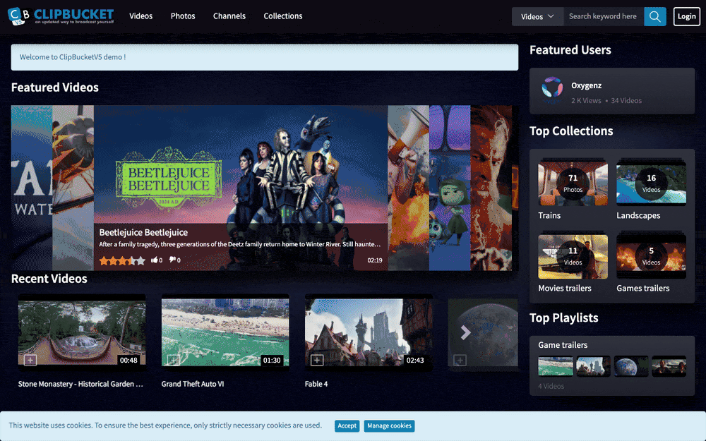 Captura de ClipBucket, tomada de su demo pública oficial