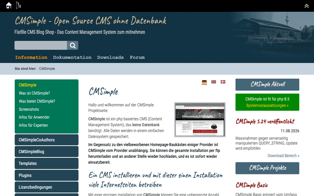 Captura de CMSimple, tomada de su demo pública oficial