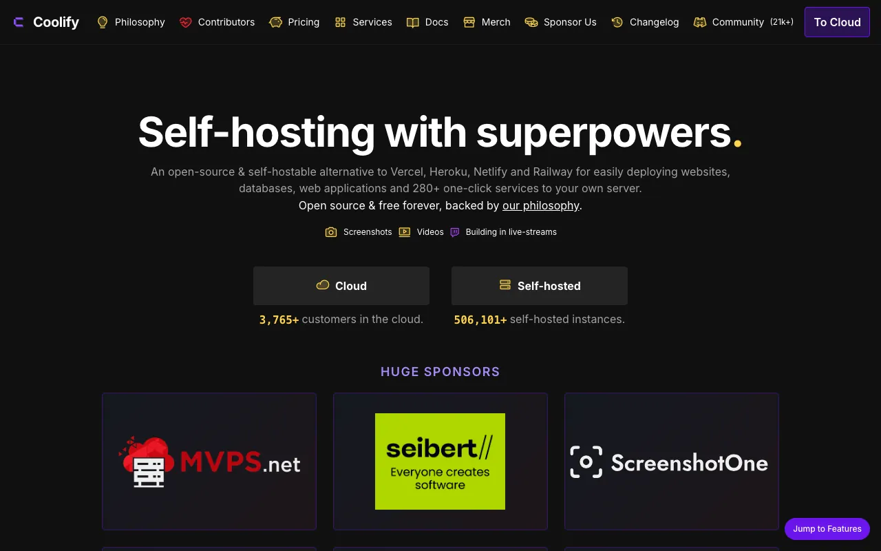 Captura de Coolify, tomada de su sitio web oficial