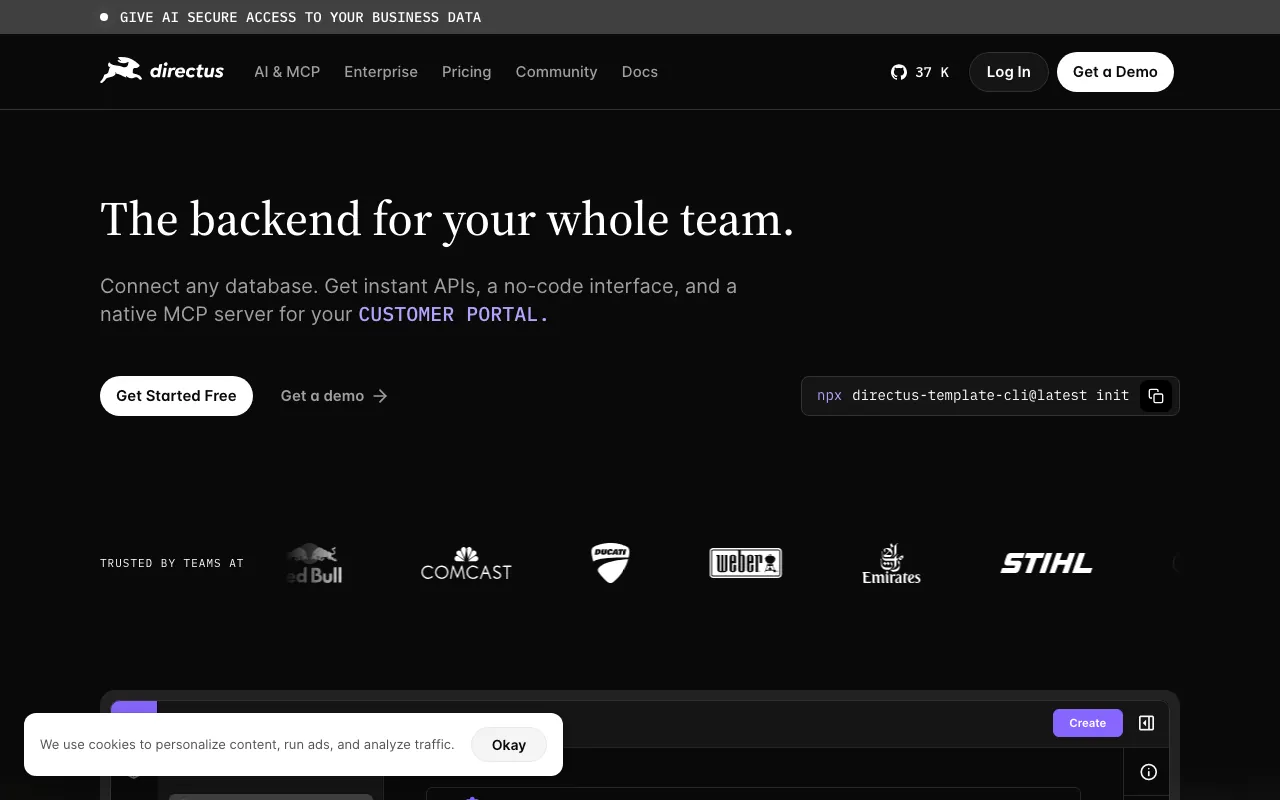 Captura de Directus, tomada de su sitio web oficial