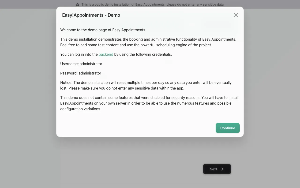 Captura de EasyAppointments, tomada de su demo pública oficial