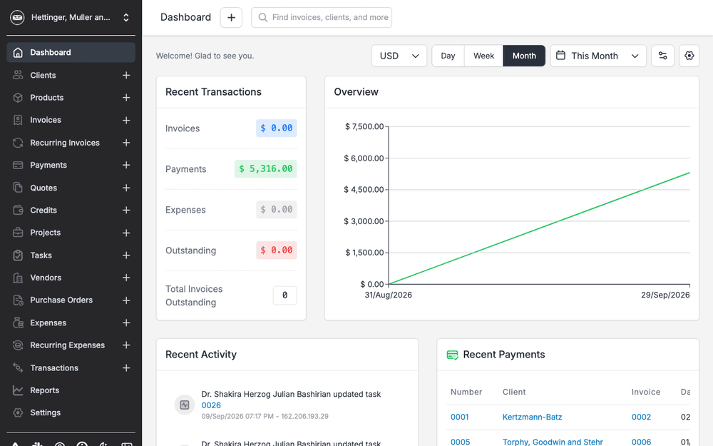 Captura de Invoice Ninja, tomada de su demo pública oficial
