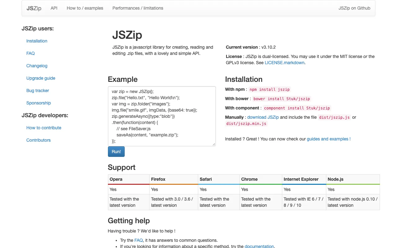 Captura de JSZip, tomada de su sitio web oficial