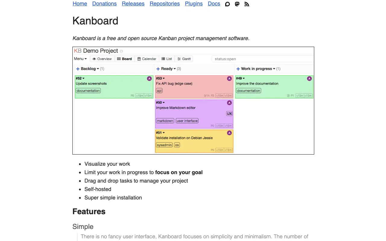 Captura de Kanboard, tomada de su sitio web oficial