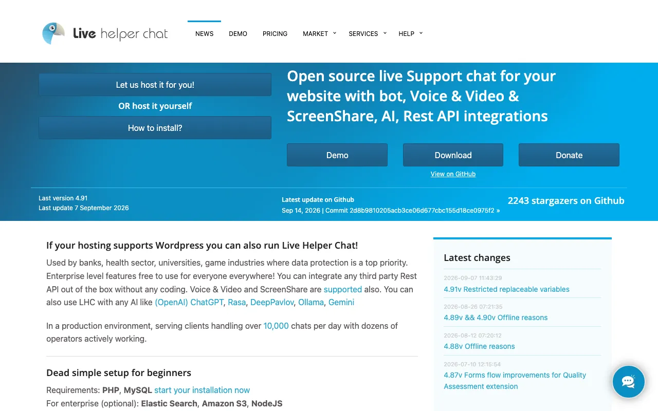 Captura de Live Helper Chat, tomada de su sitio web oficial