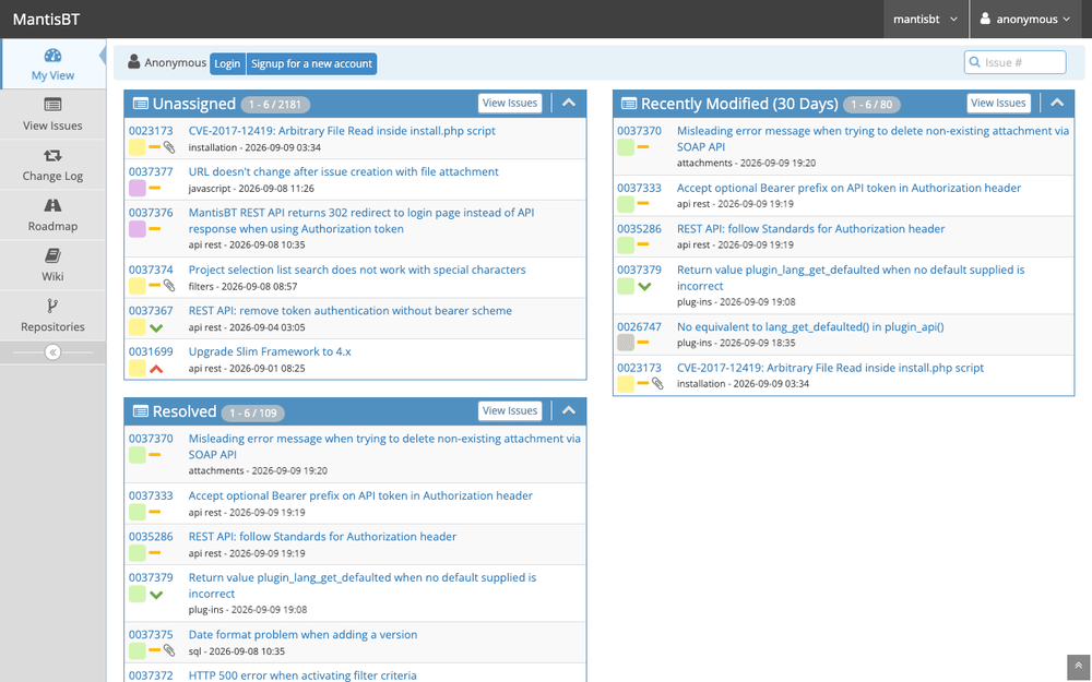 Captura de Mantis Bug Tracker, tomada de su demo pública oficial