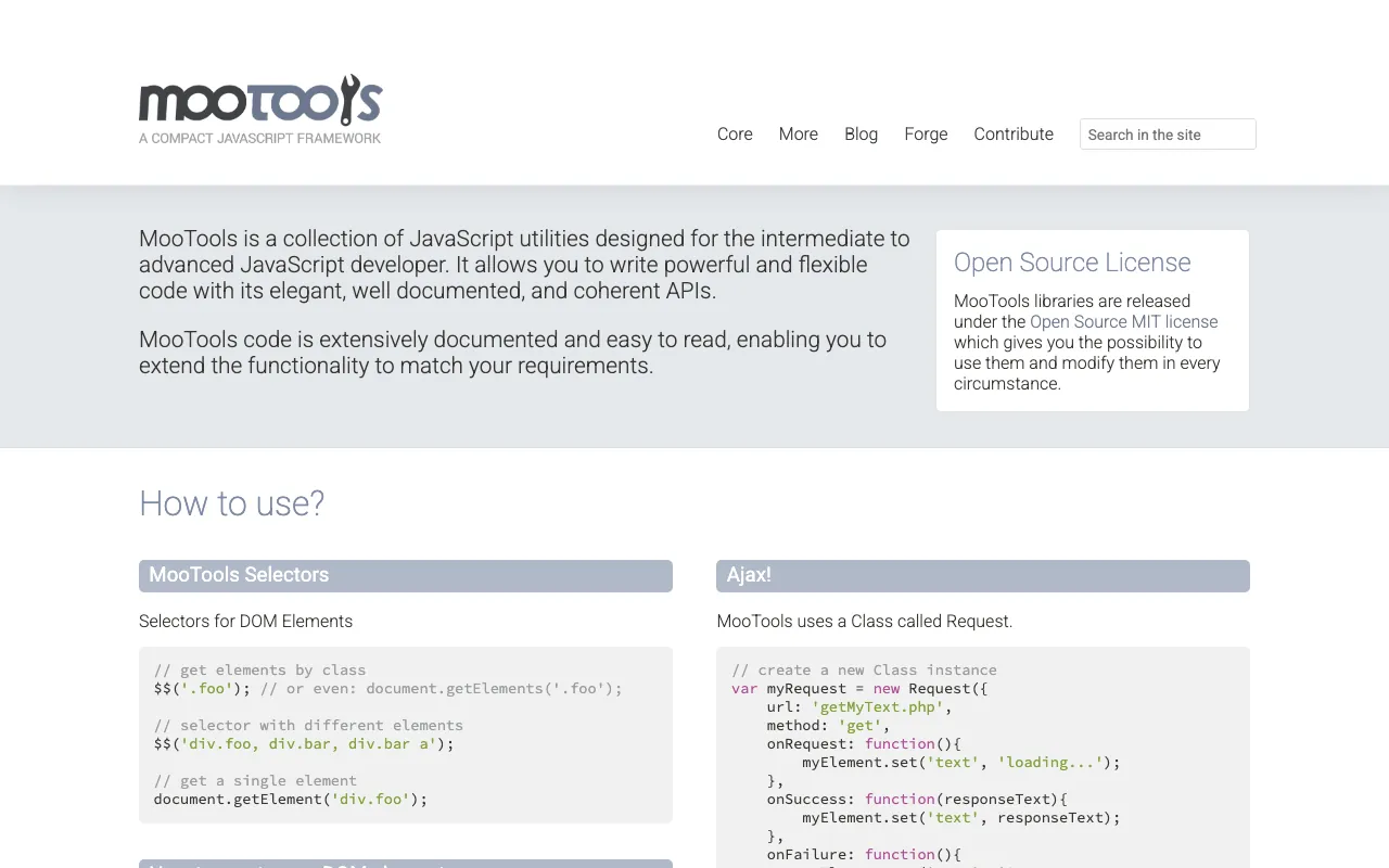 Captura de MooTools, tomada de su sitio web oficial