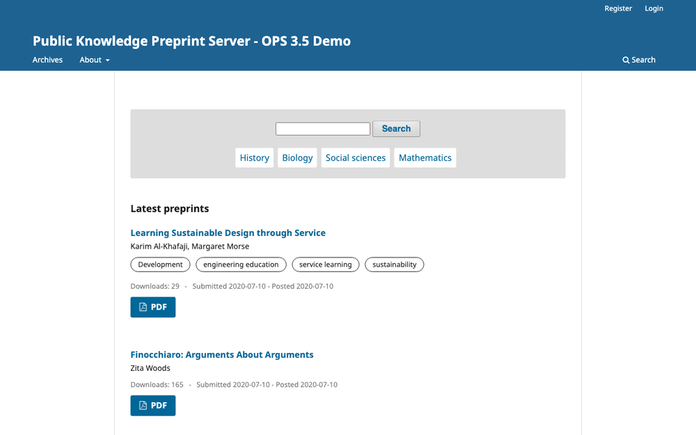 Captura de Open Preprint Systems, tomada de su demo pública oficial