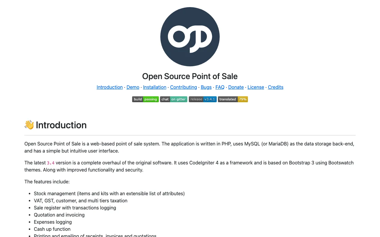 Captura de Open Source Point of Sale, tomada de su sitio web oficial