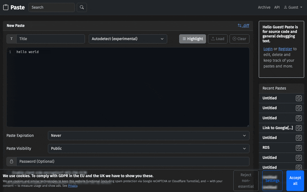 Captura de PASTE, tomada de su demo pública oficial