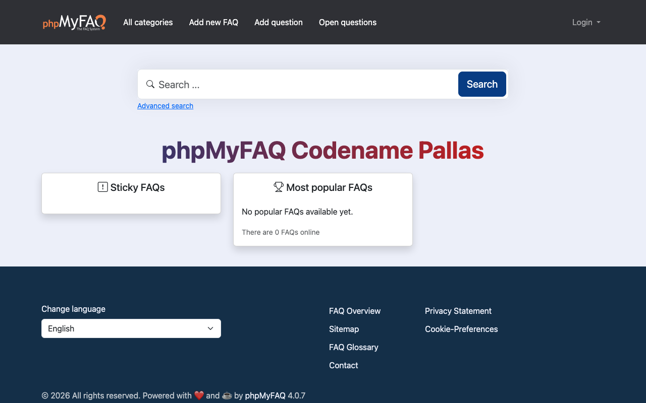 Captura de phpMyFAQ, tomada de su demo pública oficial