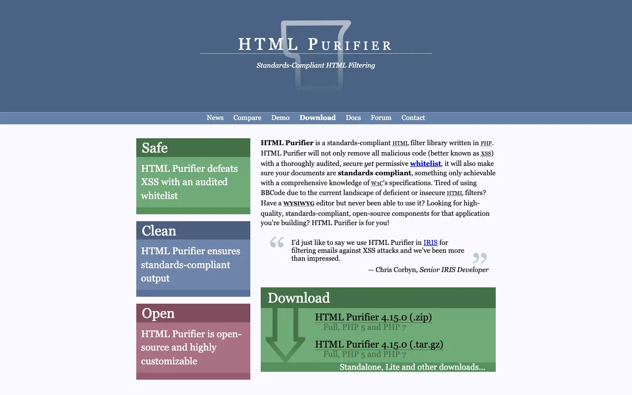 Captura de HTML Purifier, tomada de su sitio web oficial