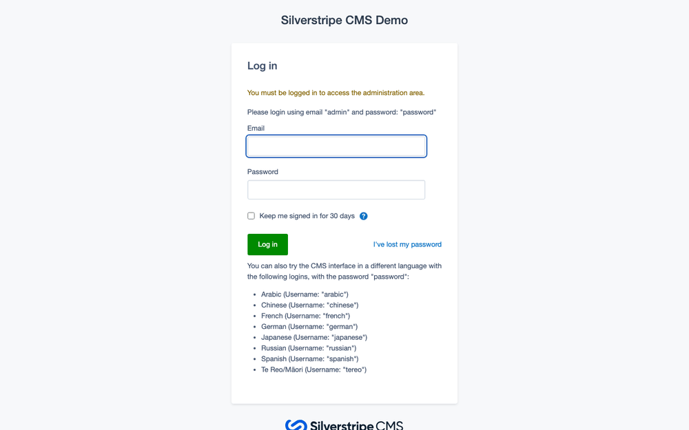Captura de SilverStripe, tomada de su demo pública oficial