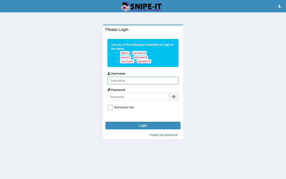 Captura de Snipe-IT, tomada de su demo pública oficial