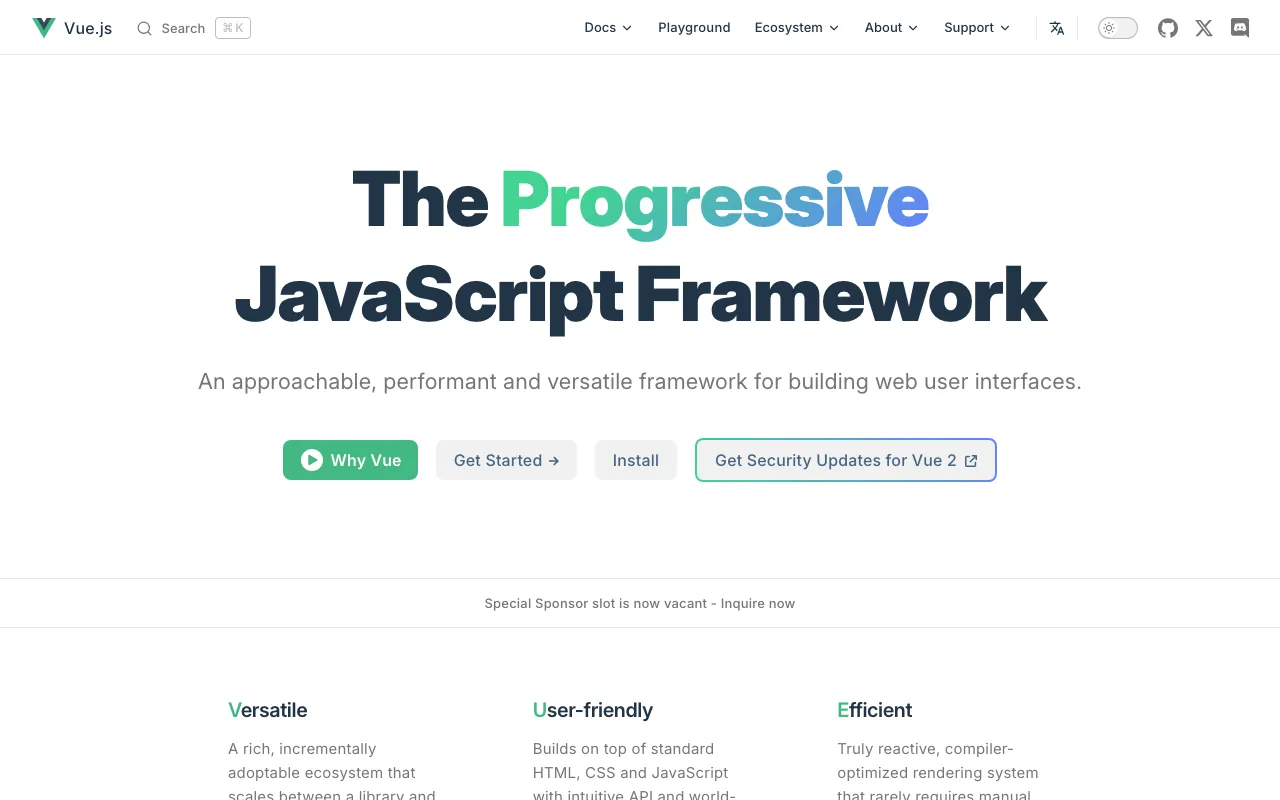 Captura de Vue.js, tomada de su sitio web oficial