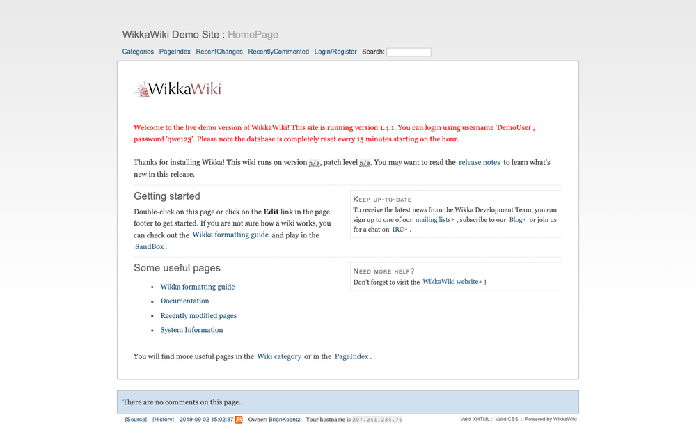Captura de WikkaWiki, tomada de su demo pública oficial