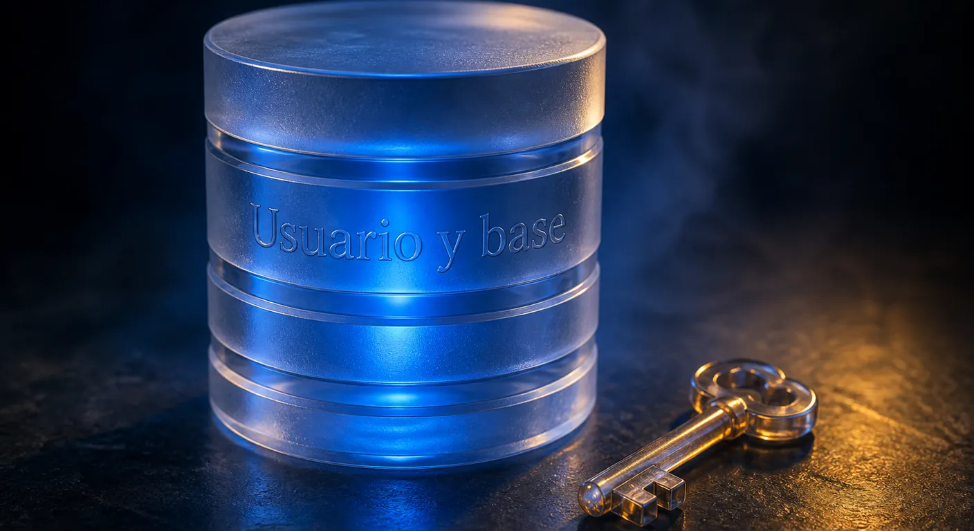A crystal database cylinder with a small key beside it. Texto en escena: Usuario y base
