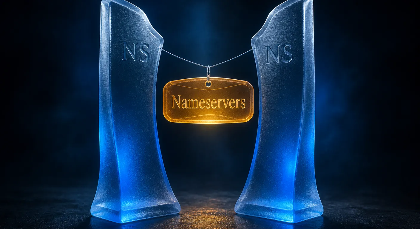 Two abstract glass pillars labeled NS, a domain tag hanging. Texto en escena: Nameservers