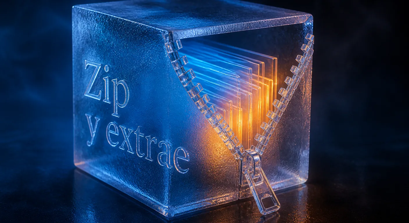A glass zip cube opening, files of light inside. Texto en escena: Zip y extrae