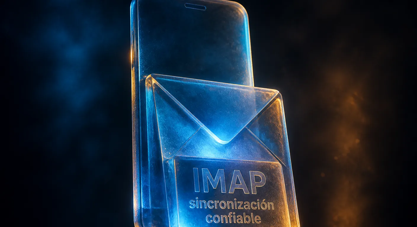 A frosted smartphone and a crystal envelope, no Google logo, no Gmail mark. Texto en escena: IMAP