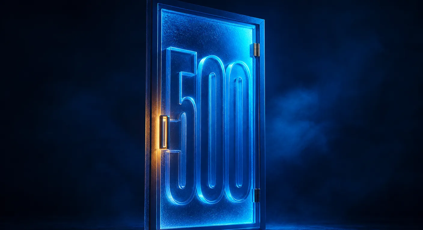 A closed glass door with the number 500 carved huge in volume, cobalt night. Texto en escena: 500
