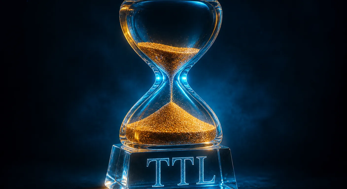 A glass hourglass fused with an A-record block. Texto en escena: TTL