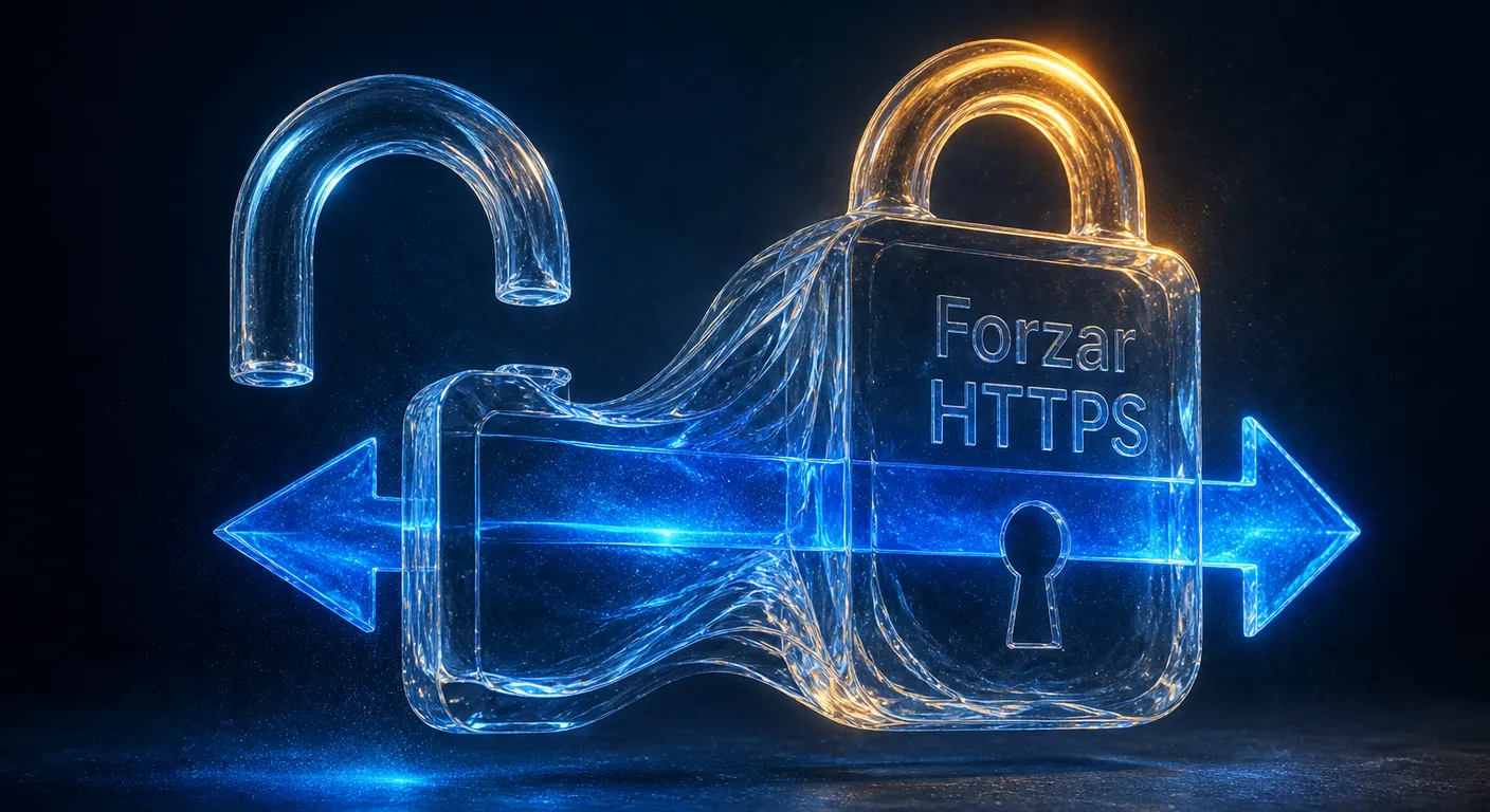 An open lock becoming a closed crystal padlock, arrow through. Texto en escena: Forzar HTTPS
