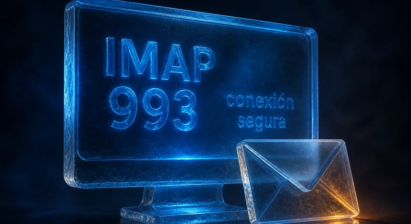 A desktop-shaped glass slab and envelope, no bird logo, no Mozilla mark. Texto en escena: IMAP 993