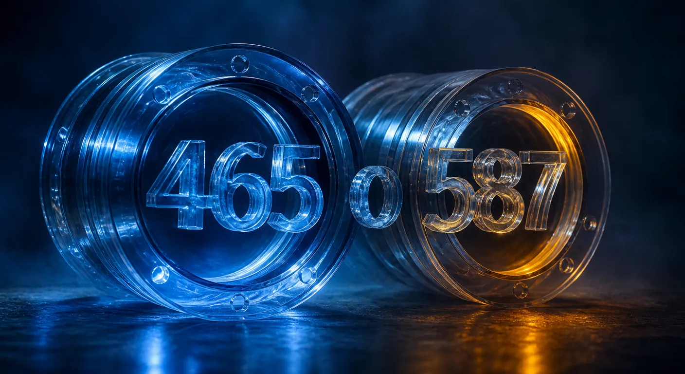 Two numbered crystal port pipes, 465 and 587 as volume. Texto en escena: 465 o 587