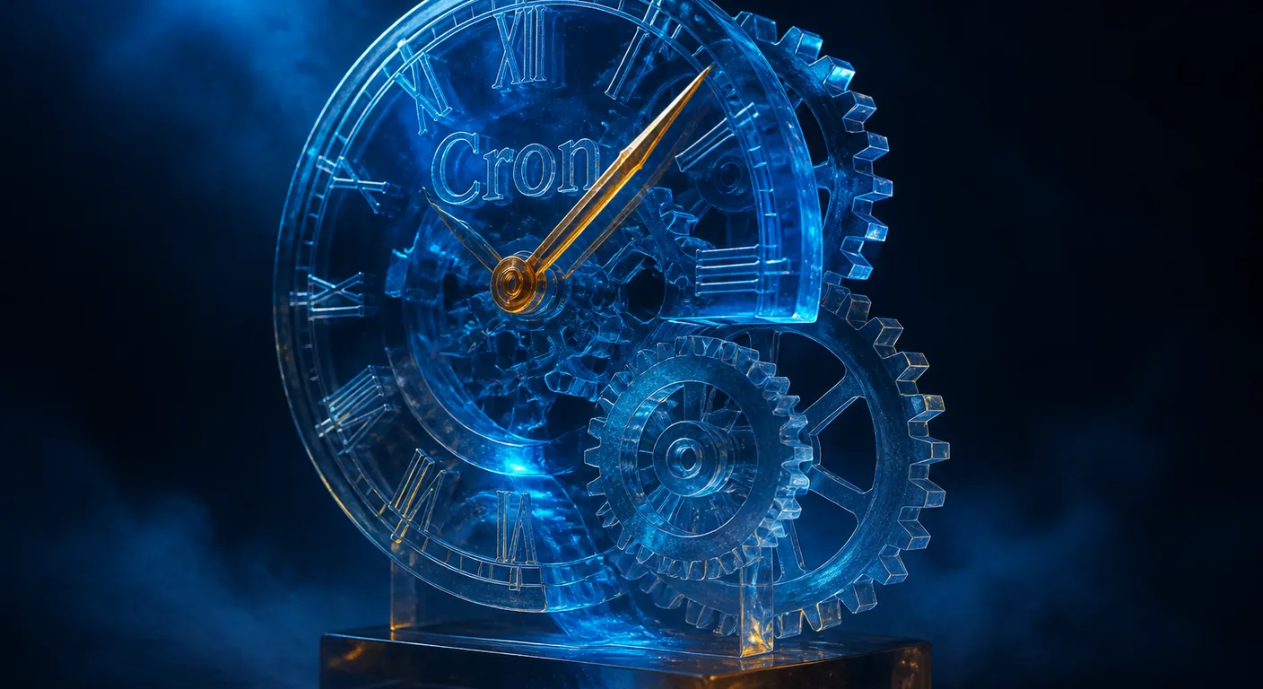 A crystal clock-gear object, amber hand. Texto en escena: Cron