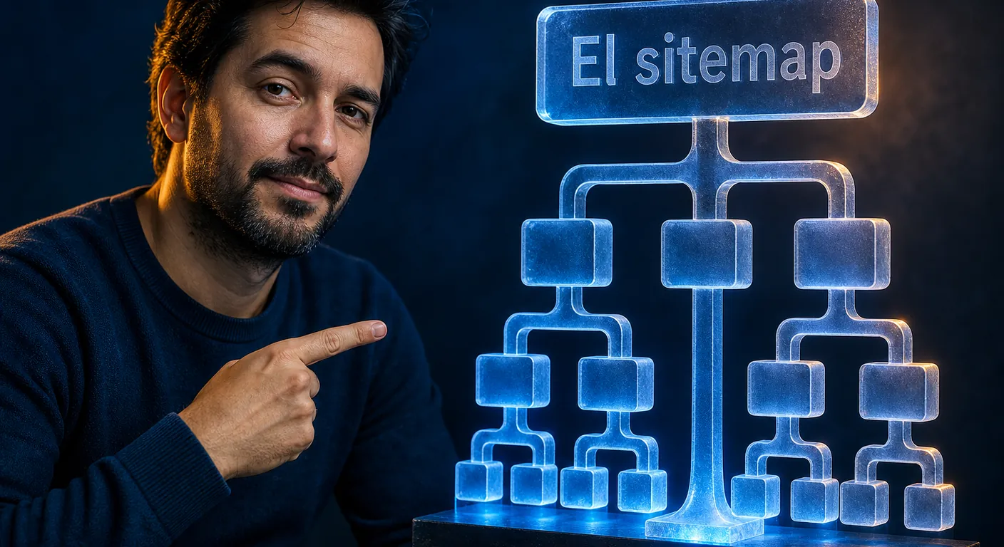 A crystal sitemap tree, no Google logo, no G mark. Texto en escena: El sitemap