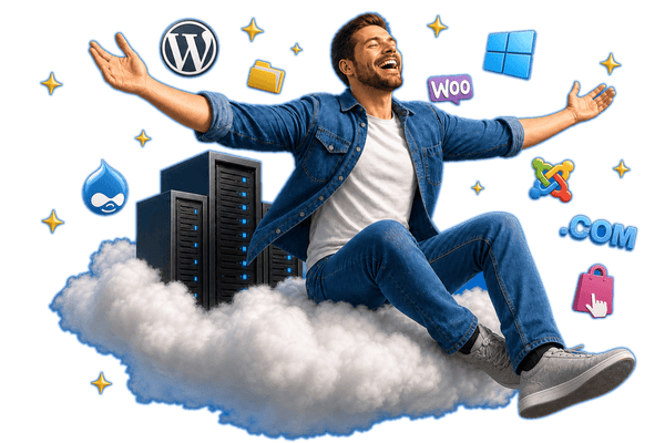 Persona sentada sobre una nube junto a racks de servidores, rodeada de logotipos de WordPress, WooCommerce, Drupal, Joomla y Windows