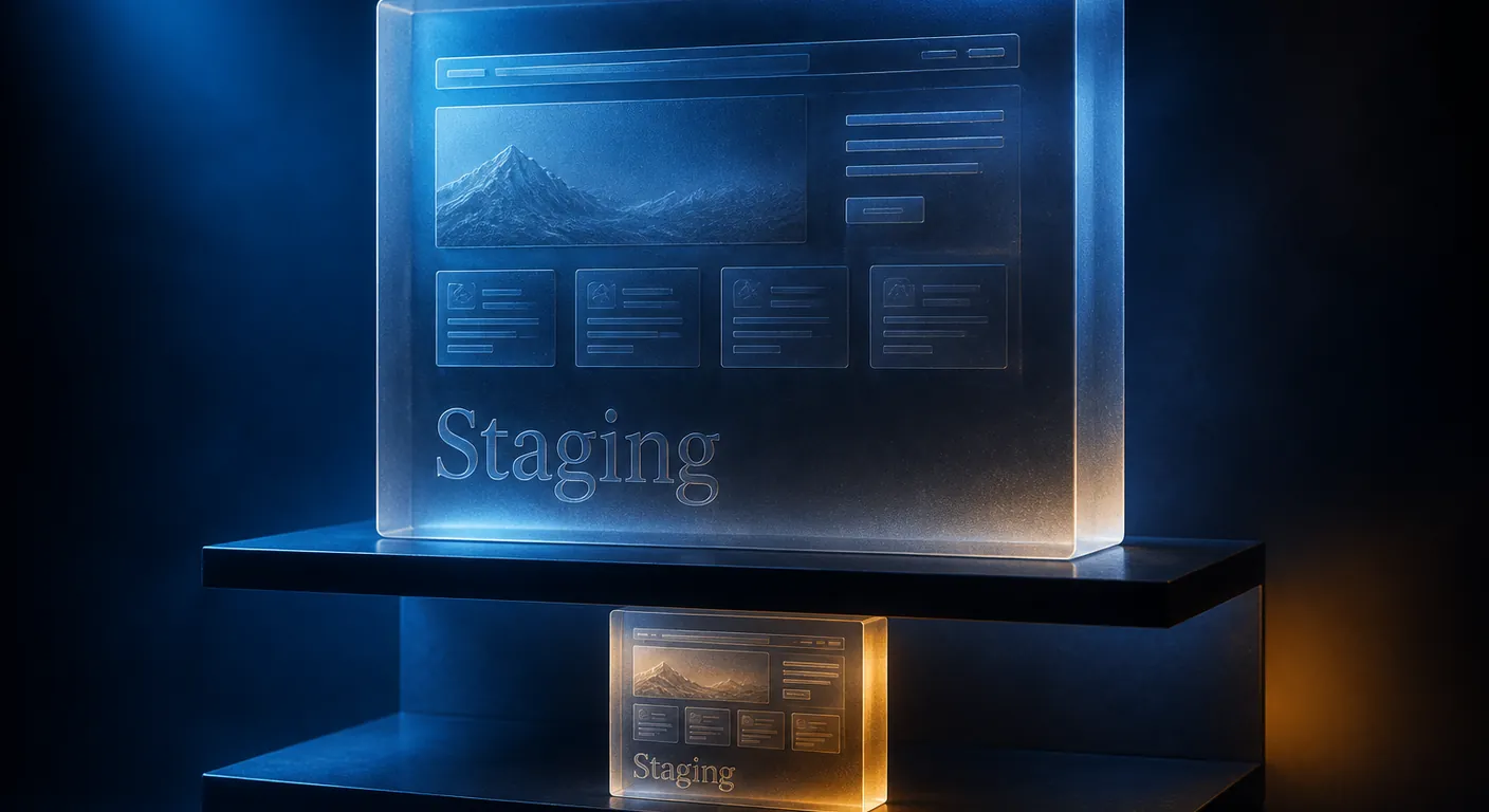 A large glass site and a smaller duplicate on a sub-shelf. Texto en escena: Staging