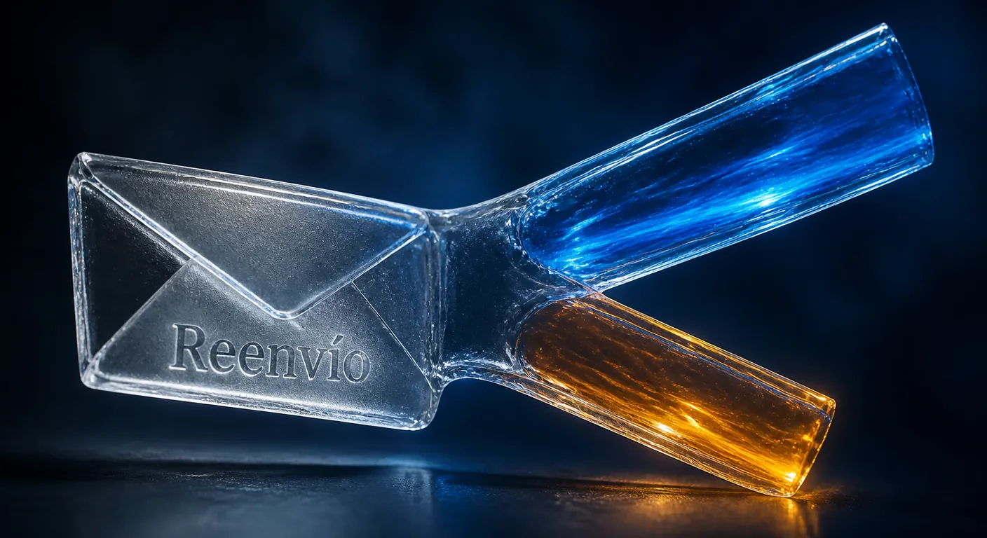 A crystal envelope splitting into two paths. Texto en escena: Reenvío