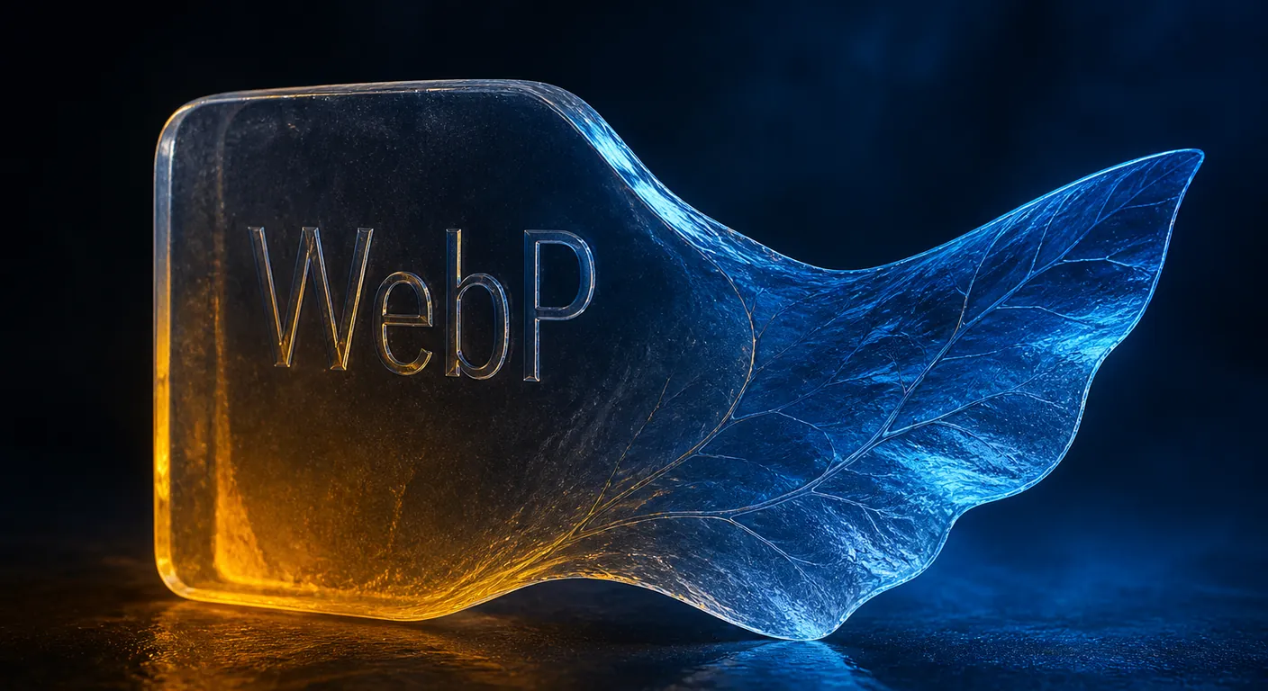 A heavy photo plate becoming a thin crystal leaf. Texto en escena: WebP