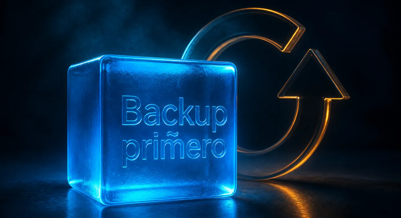 A crystal backup cube in front of an update arrow, cube lit first. Texto en escena: Backup primero