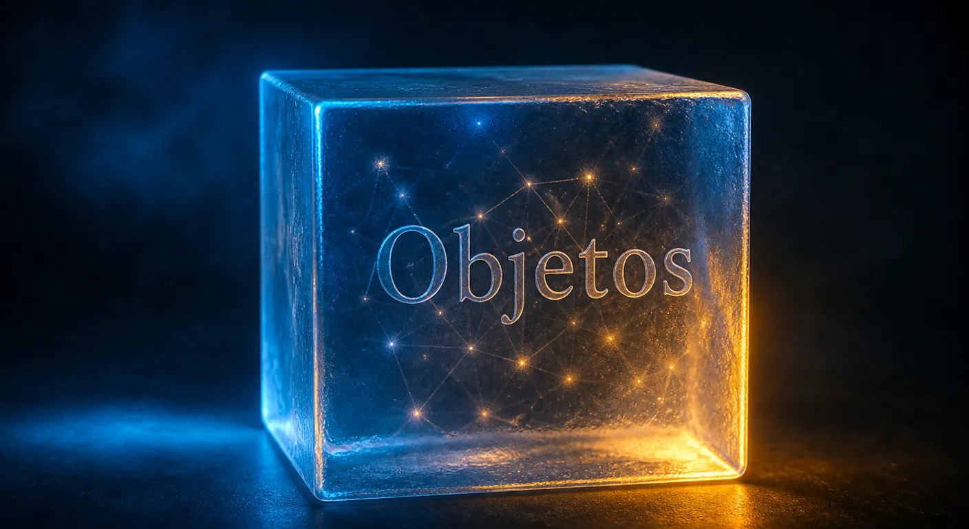A memory cube with objects of light inside, lightning rim. Texto en escena: Objetos