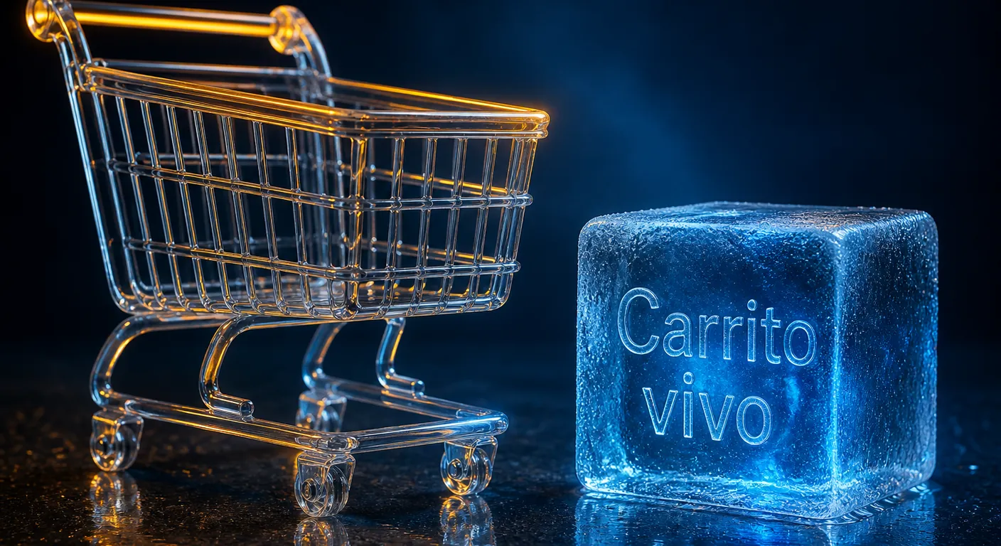 A glass shopping cart that must stay unfrozen next to a frozen cache cube, amber warning on the cart. Texto en escena: Carrito vivo