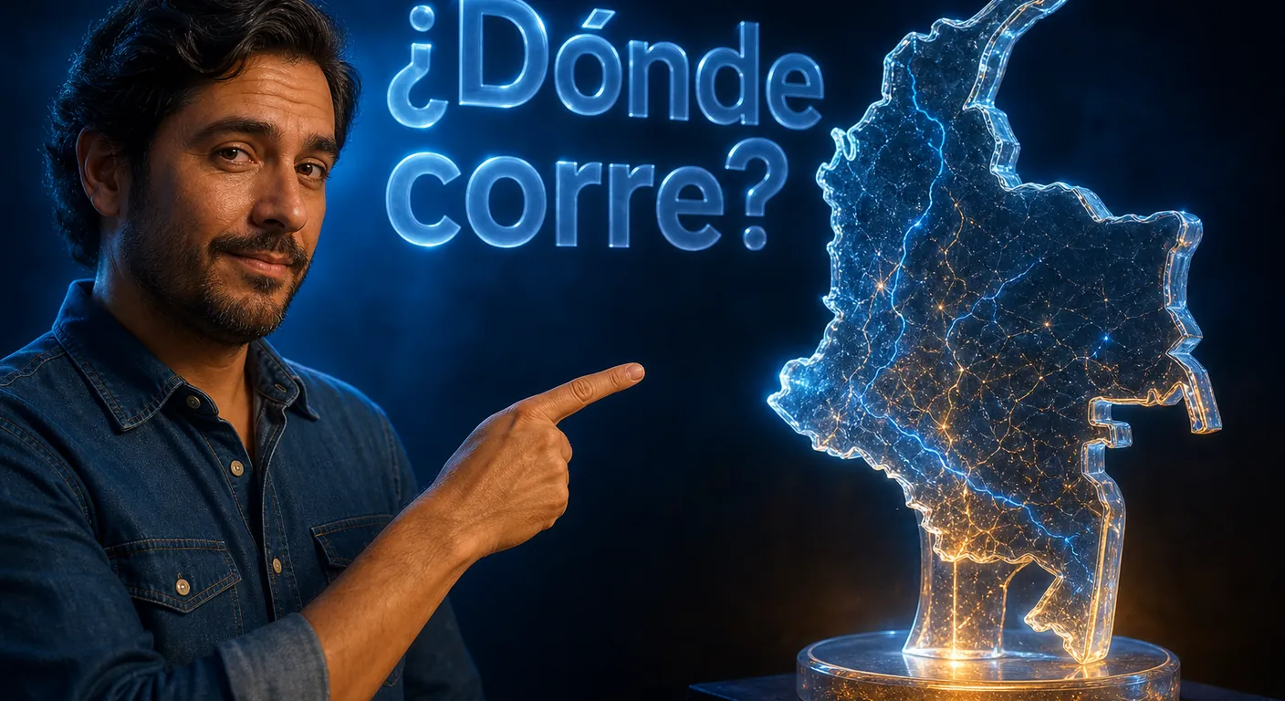 A frosted-glass topographic relief of Colombia with a cobalt light pin stuck in the Andean plateau, amber glow on the pin. Texto en escena: Dónde corre