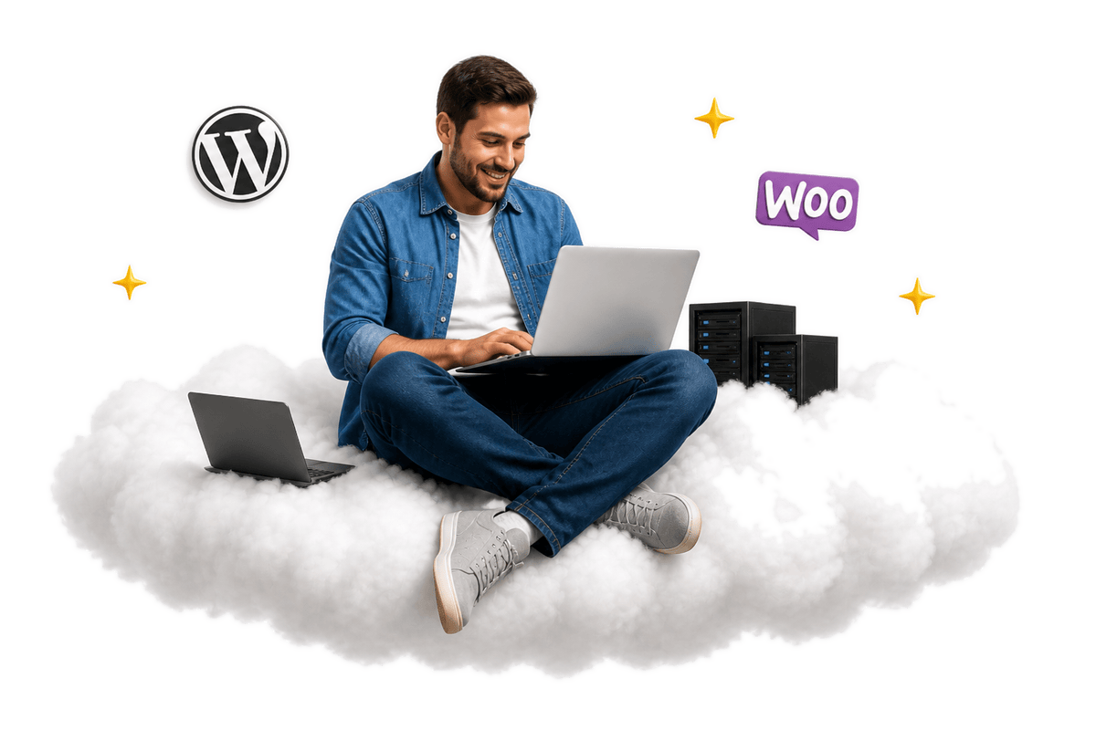 Hombre en una nube con WordPress y WooCommerce, trabajando en un portátil