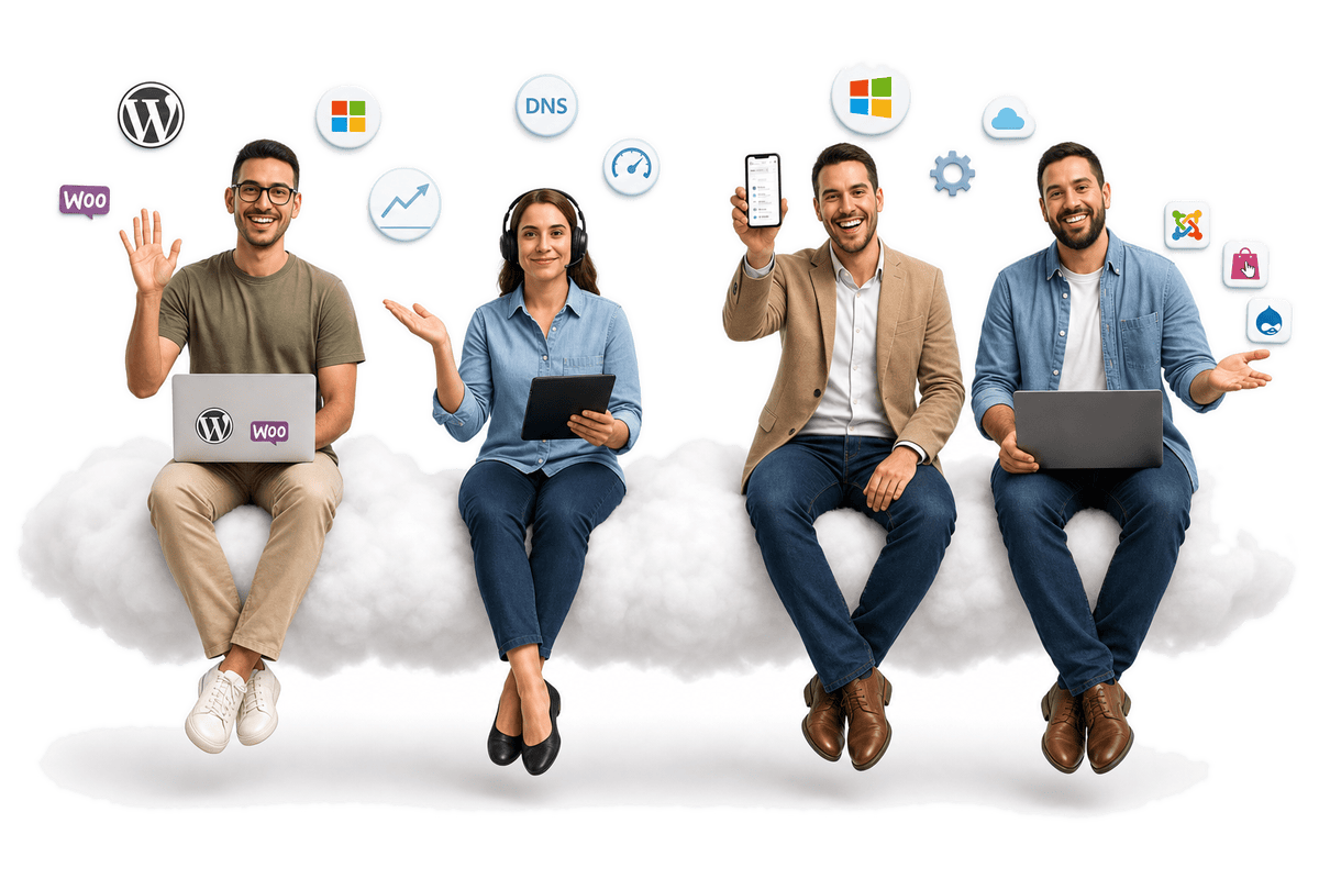 Cuatro personas en una nube con logos de apps