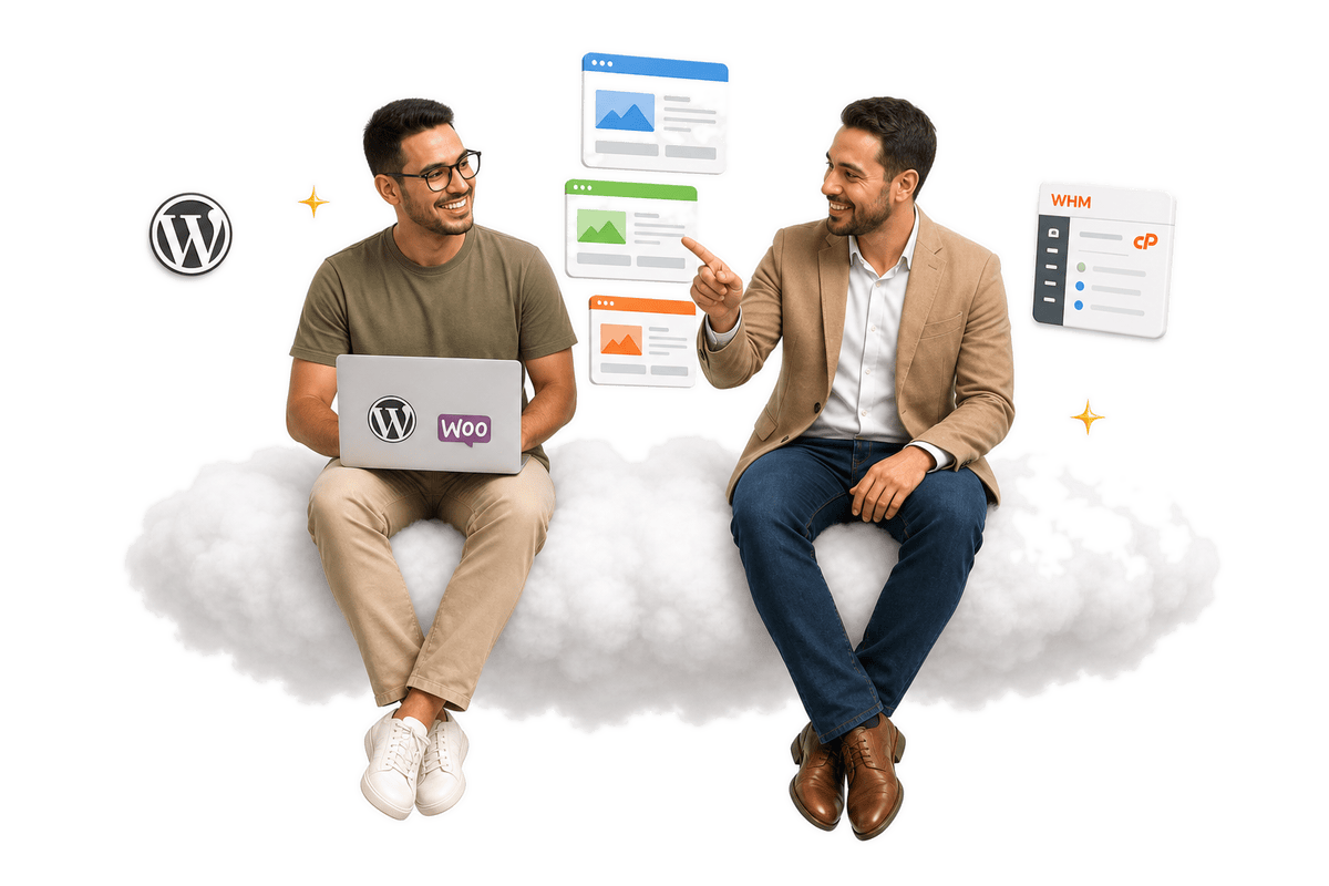 Dos personas en una nube revisando varios sitios y el panel WHM