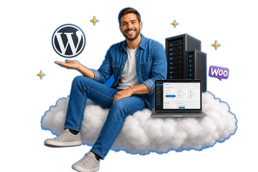 Hombre en una nube con el logo de WordPress y WooCommerce