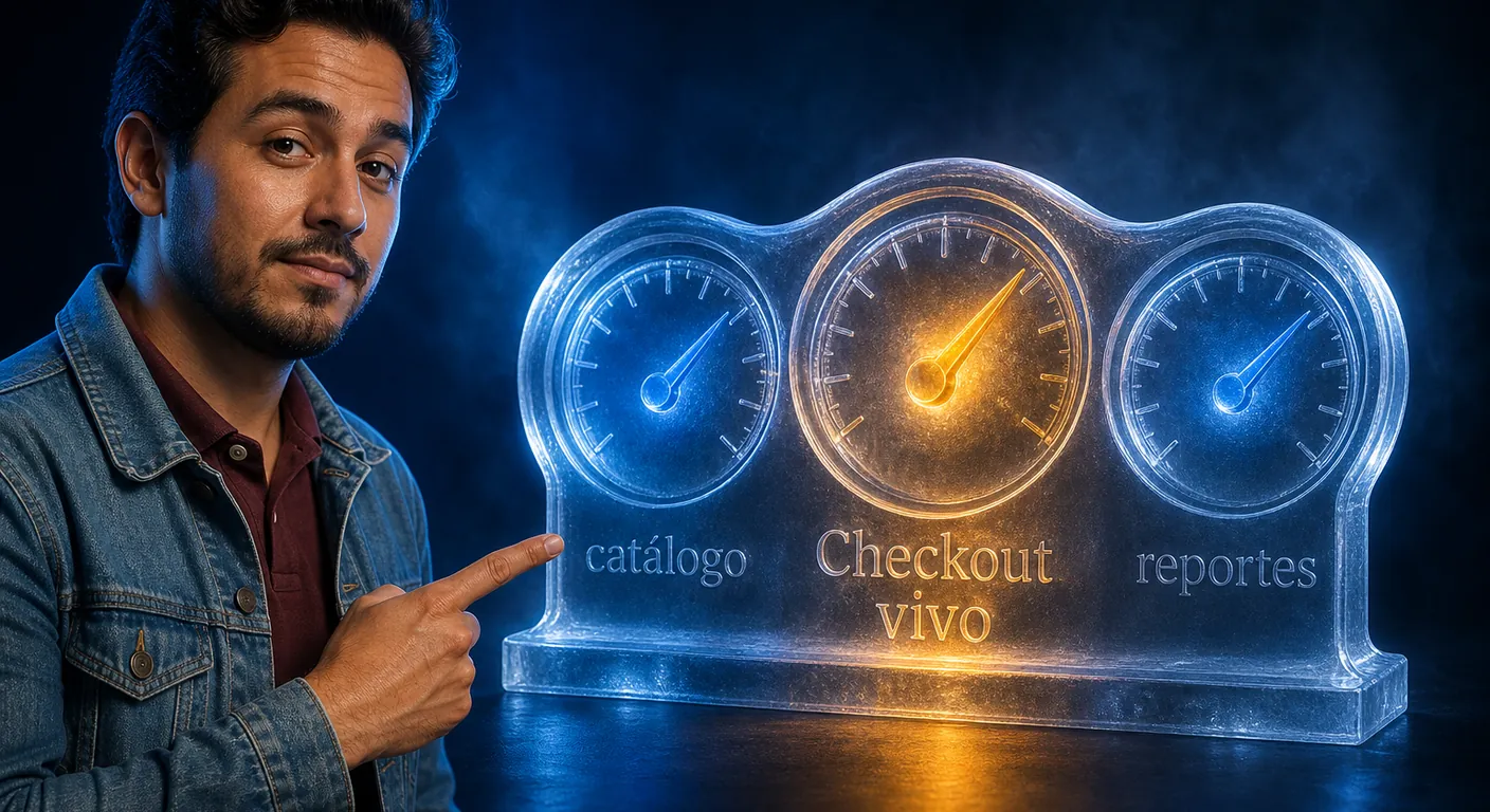 Three crystal gauges: catalog, checkout, reports; checkout needle in amber. Texto en escena: Checkout vivo