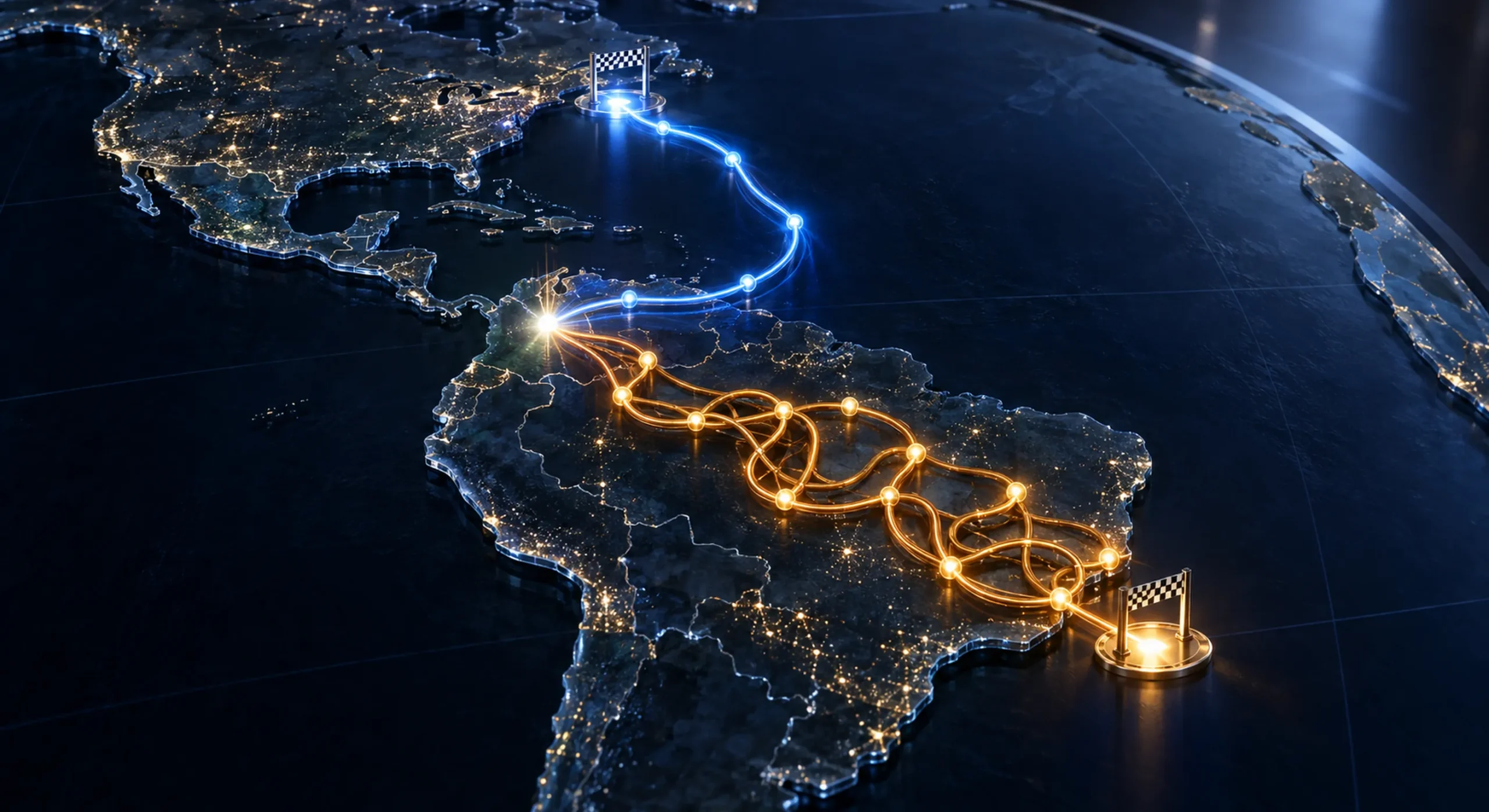 Ruta directa de Colombia a Virginia frente a una ruta enredada hacia São Paulo