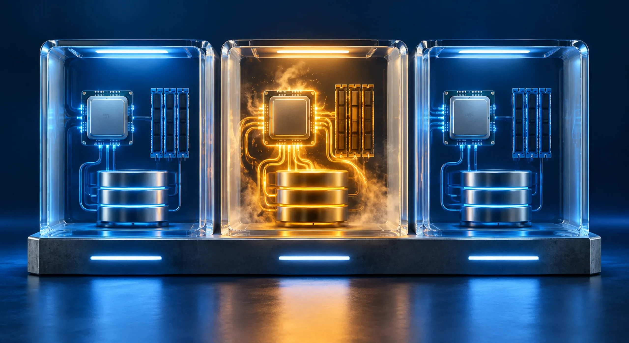 Tres compartimentos de cristal con CPU, memoria y disco aislados por cuenta