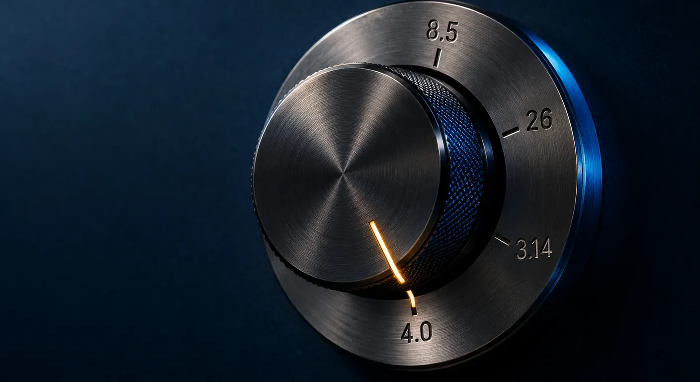 Perilla selectora de metal con las versiones 8.5, 26, 3.14 y 4.0, apuntando a la más nueva